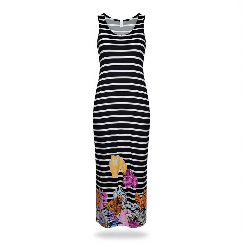 Ninety sleeveless scoop neck black white striped, floral maxi dress size large
